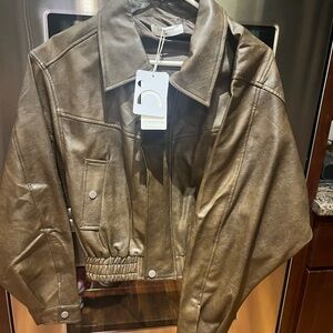 C/MEO COLLECTIVE Olive Green Faux Leather Cropped Jacket